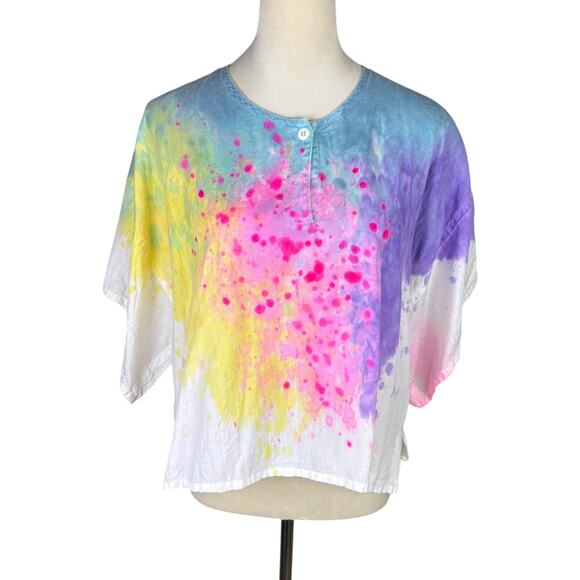 Gene Ewing Bright Tie Dye Linen Cotton Blend Oversized Top Beach Swim Coverup - Picture 1 of 12